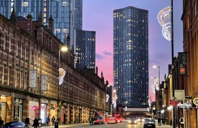 A-view-of-the-Deansgate-Square-tower-looking-down-Deansgate-in-Manchester